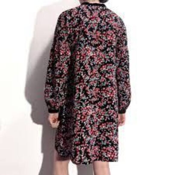 Loft Size S Long Sleeve Shift Dress Red Berry Floral Velvet Trim Cutout Fall - Picture 2 of 14